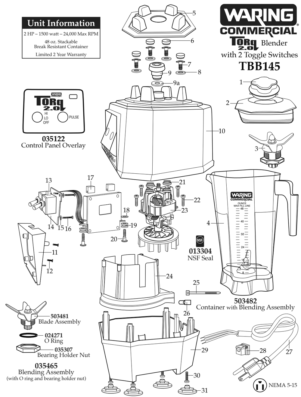Diagram Diagram and Parts List for TBB145  Waring Blender