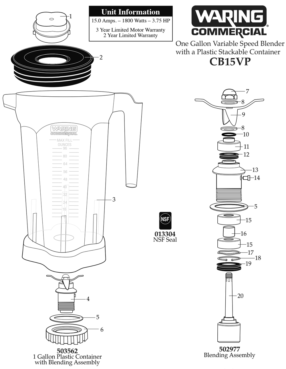 Diagram 1 Diagram and Parts List for CB15VP  Waring Blender