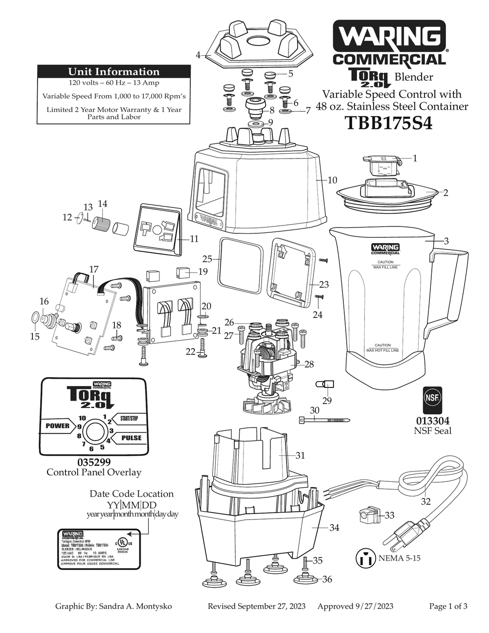 Diagram 1 Diagram and Parts List for TBB175S4  Waring Blender