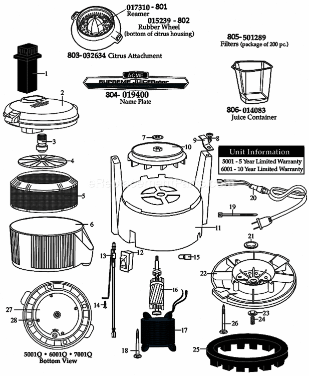 Csa_-_Plastic_Cover_And_Stainless_Steel_Bowl Diagram and Parts List for 7001Q  Waring Juicer