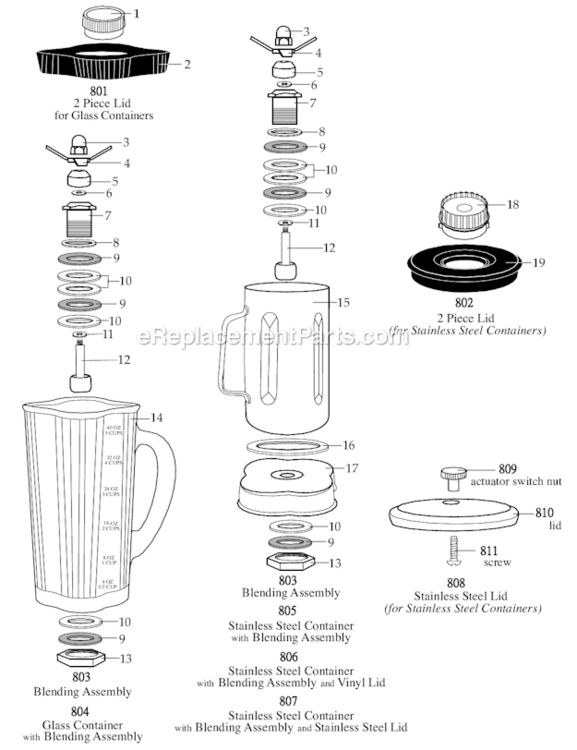Glass_Container Diagram and Parts List for 7010G  Waring Blender