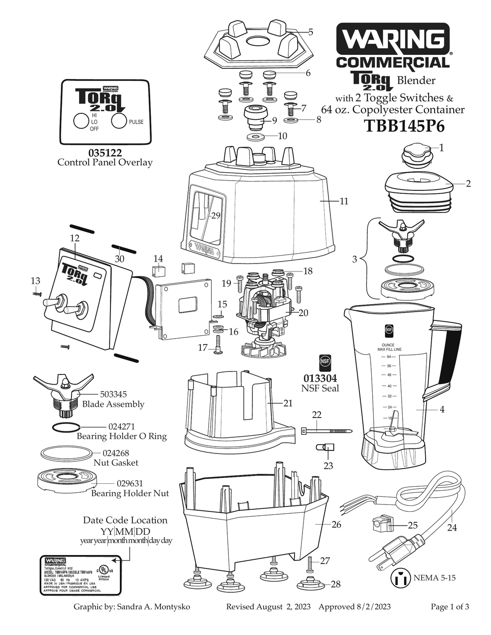 Diagram 1 Diagram and Parts List for TBB145P6  Waring Blender