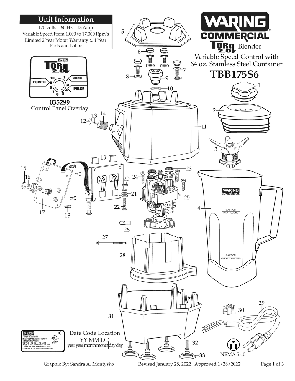 Diagram 1 Diagram and Parts List for TBB175S6  Waring Blender