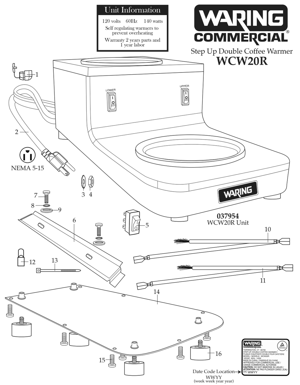 Diagram Diagram and Parts List for WCW20R  Waring Hot Plate