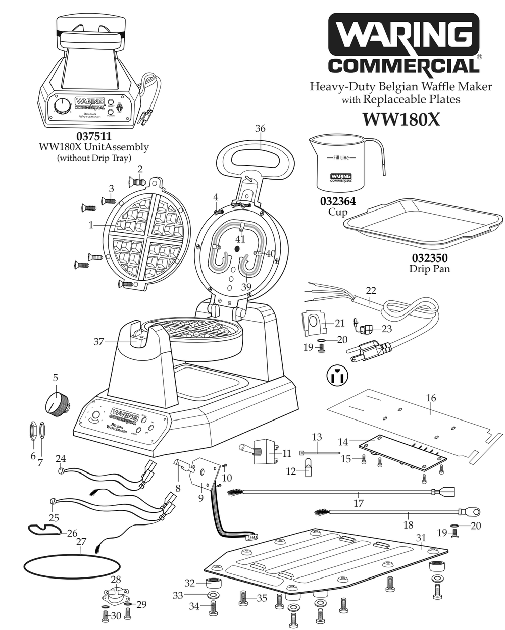 Diagram 1 Diagram and Parts List for WW180X  Waring Waffle Maker