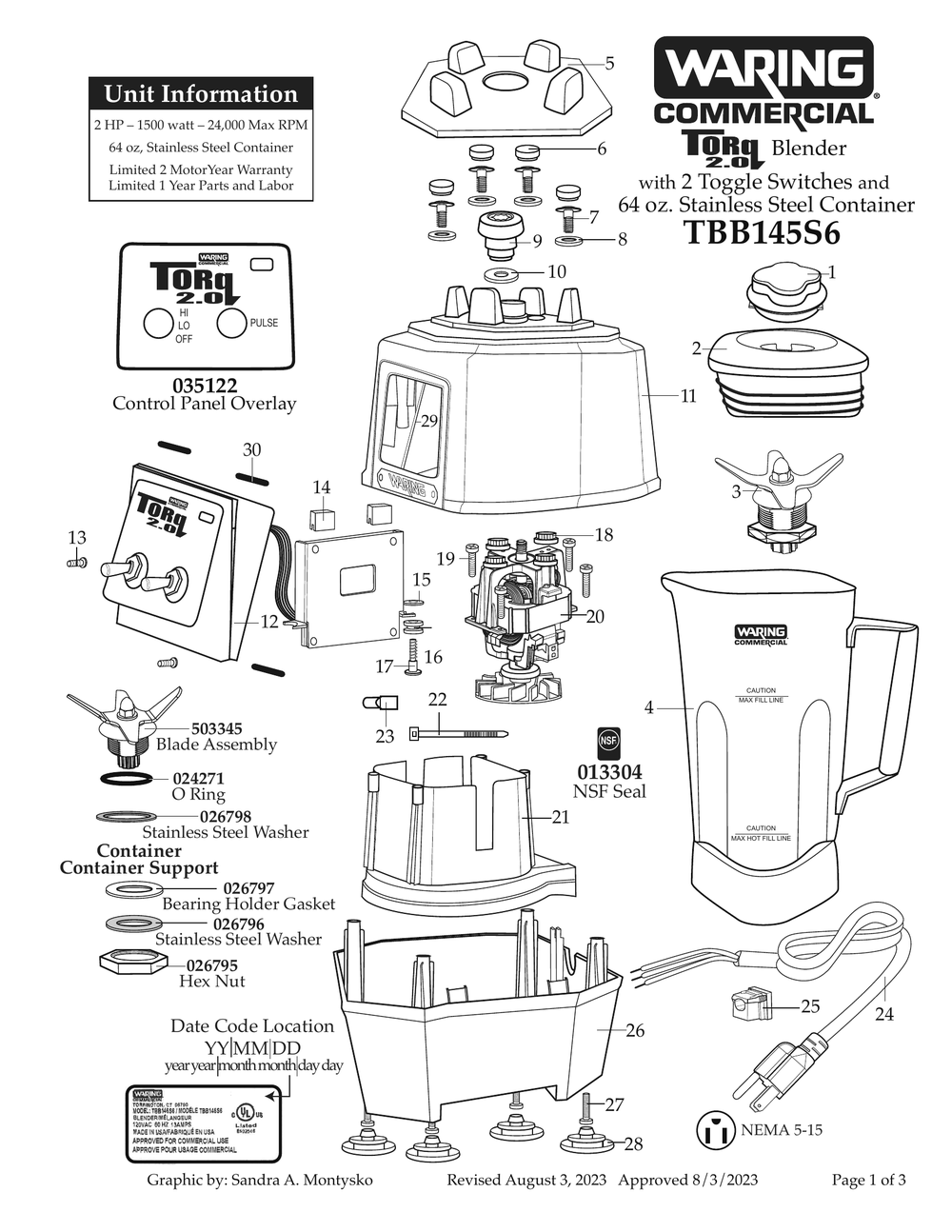 Diagram 1 Diagram and Parts List for TBB145S6  Waring Blender