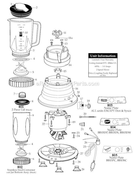 Sysco Diagram and Parts List for BB15PC  Waring Blender