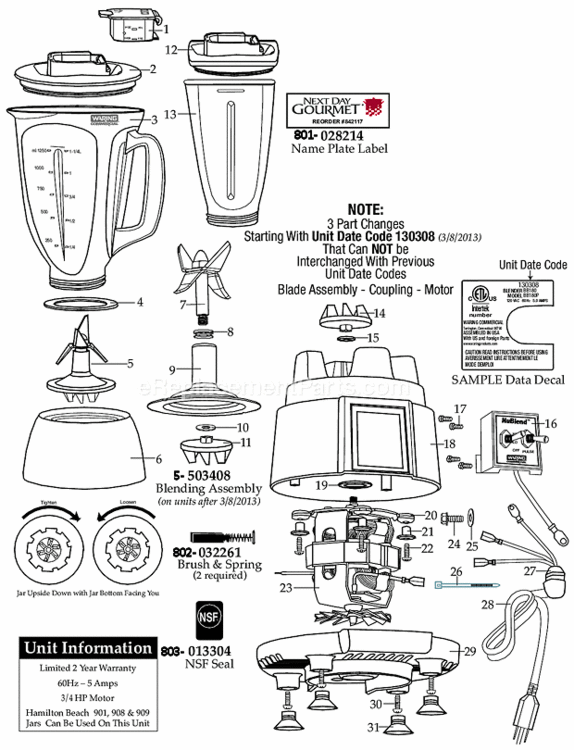 44_Oz_Eastman_Container_(On_Units_After_2152010) Diagram and Parts List for BB180P  Waring Blender