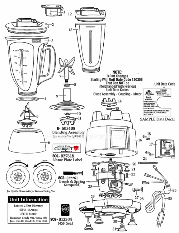 44_Oz_Eastman_Container_(On_Units_After_2152010) Diagram and Parts List for BB185P  Waring Blender