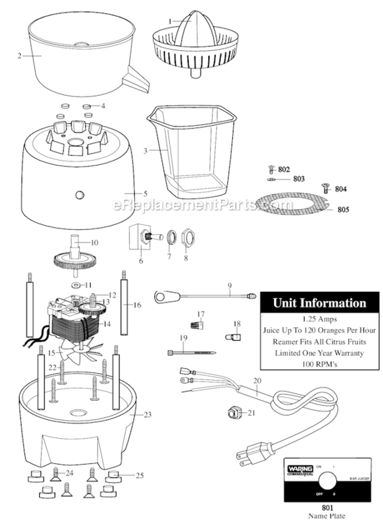 Page A Diagram and Parts List for BJ120C  Waring Juicer
