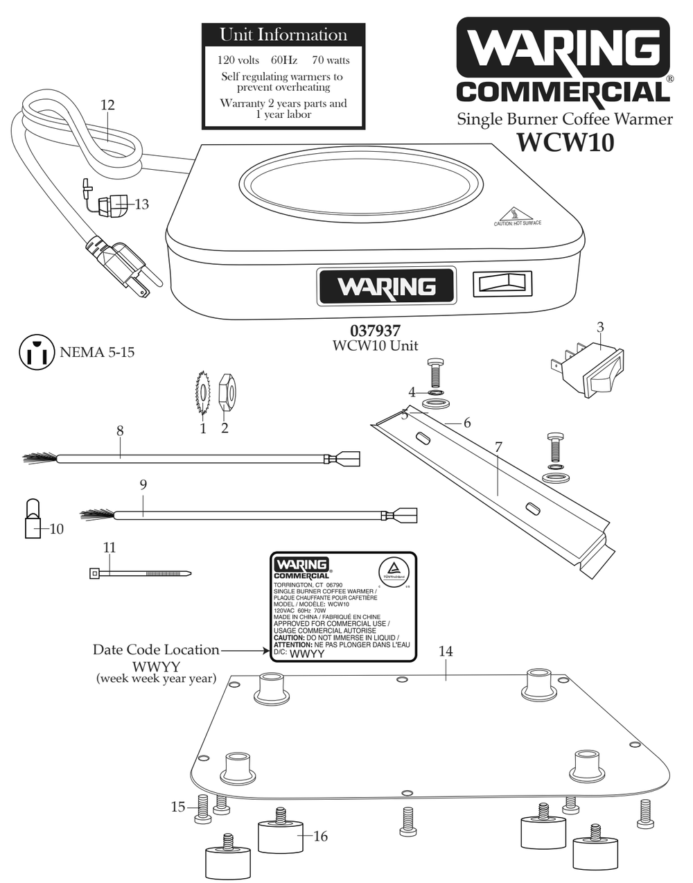 Diagram Diagram and Parts List for WCW10  Waring Hot Plate