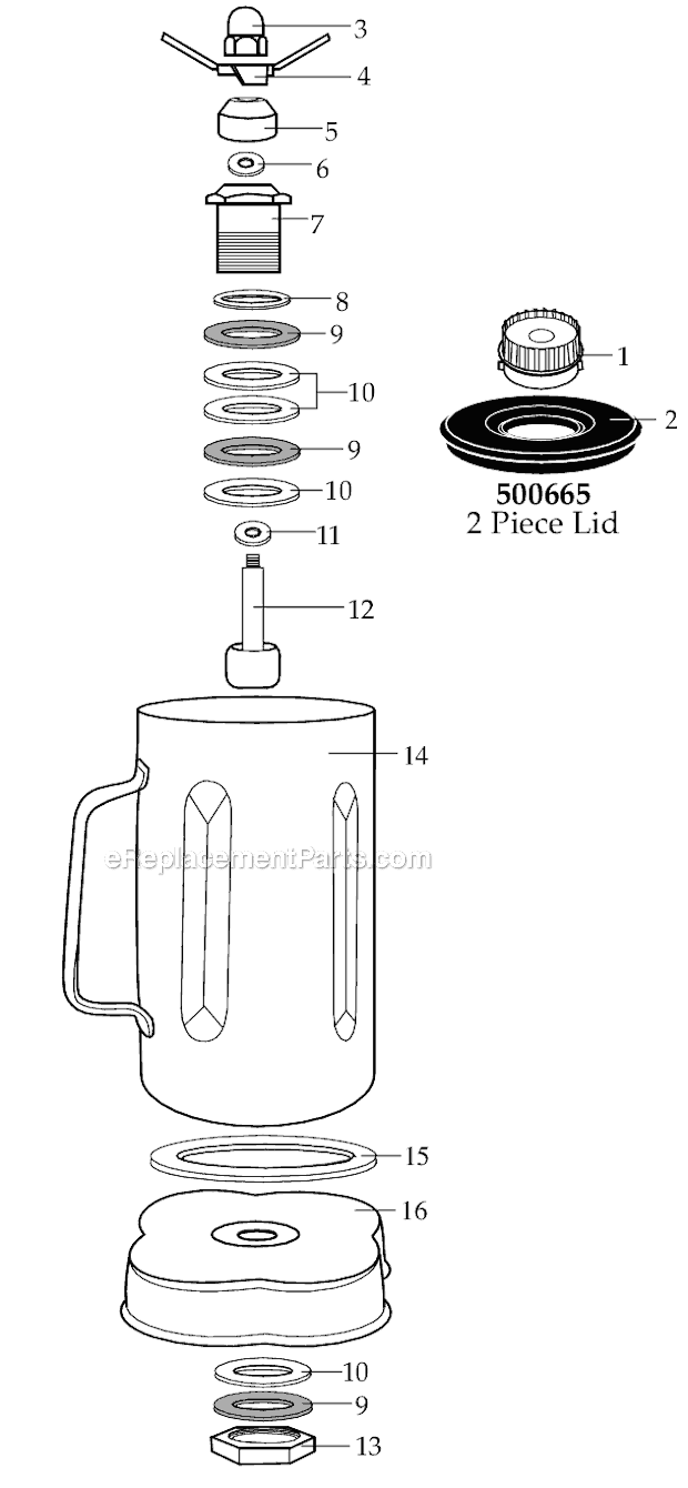 32_Oz_Container_W_Blending_Assembly_And_Lid Diagram and Parts List for CAC33  Waring Blender