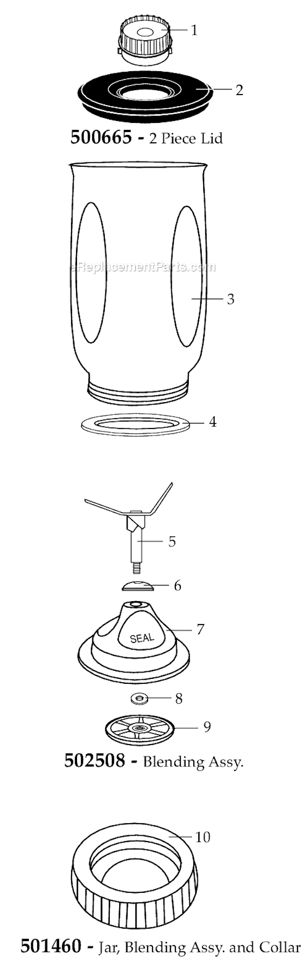 32_Oz_Complete_Container_W_Blending_Assembly_Collar_And_Lid Diagram and Parts List for CAC37  Waring Blender