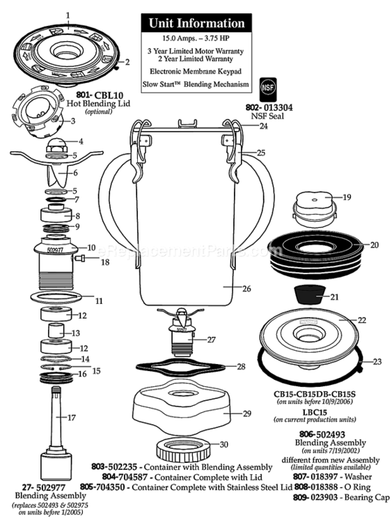 One_Gallon_Blender_On_Units_After_9162013 Diagram and Parts List for CB15N  Waring Blender
