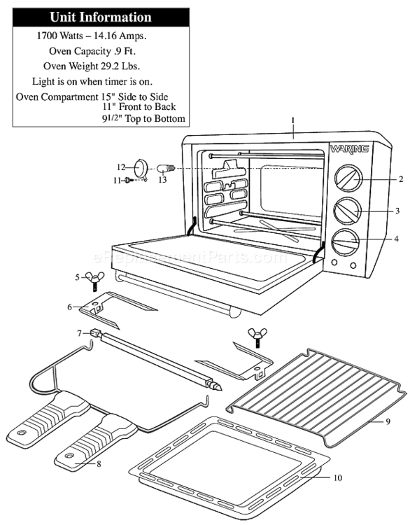 Page A Diagram and Parts List for CO900  Waring Miscellaneous