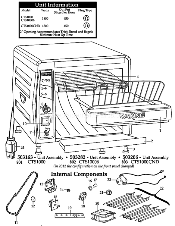 Canada Diagram and Parts List for CTS1000CND  Waring Toaster