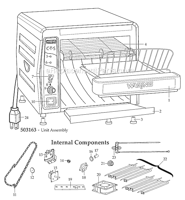 Page A Diagram and Parts List for CTS1000  Waring Toaster