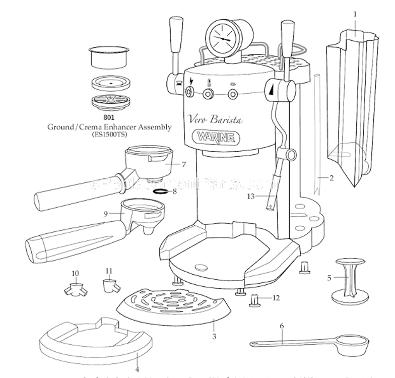 Page A Diagram and Parts List for ES1500  Waring Espresso Machine