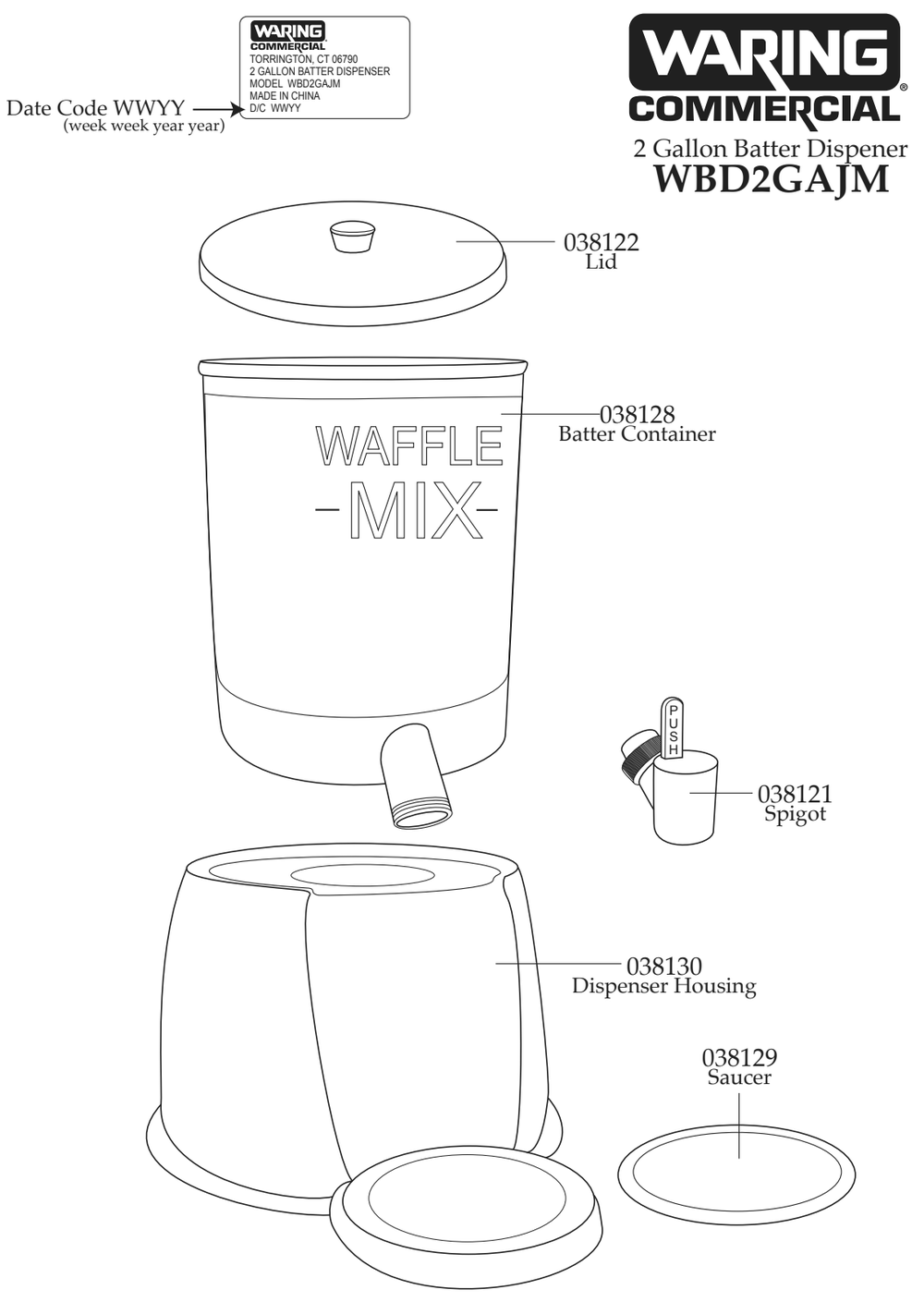 Diagram Diagram and Parts List for WBD2G  Waring Waffle Maker