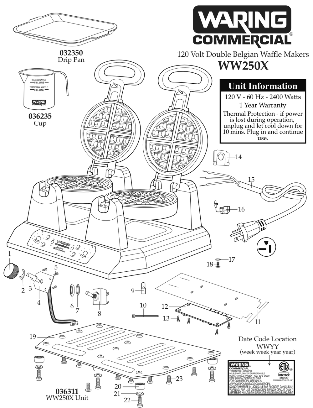 Diagram Diagram and Parts List for WW250X  Waring Waffle Maker