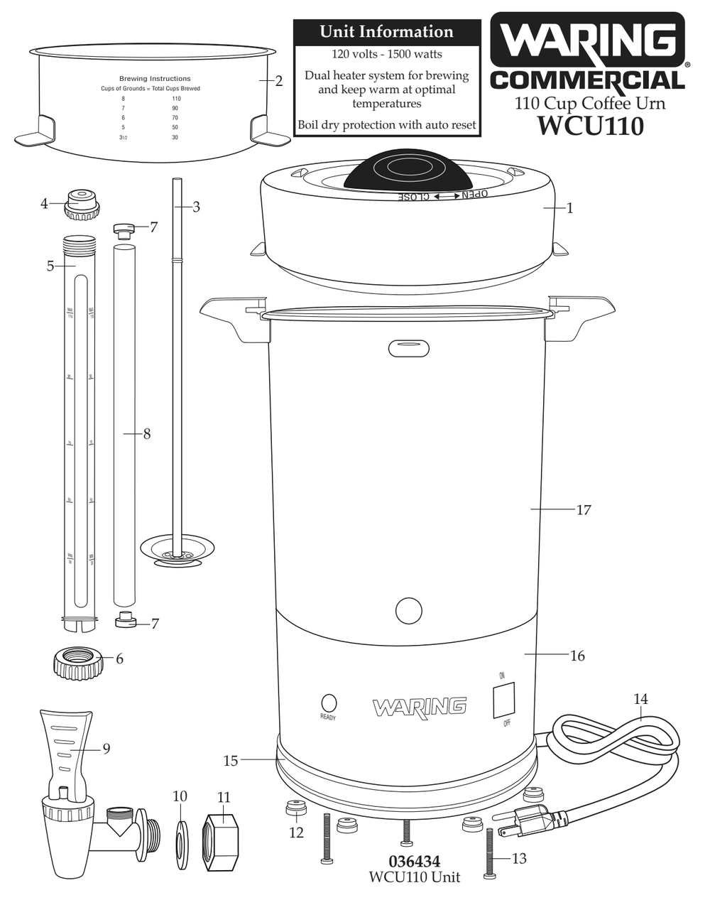 Diagram Diagram and Parts List for WCU110  Waring Beverage Dispenser