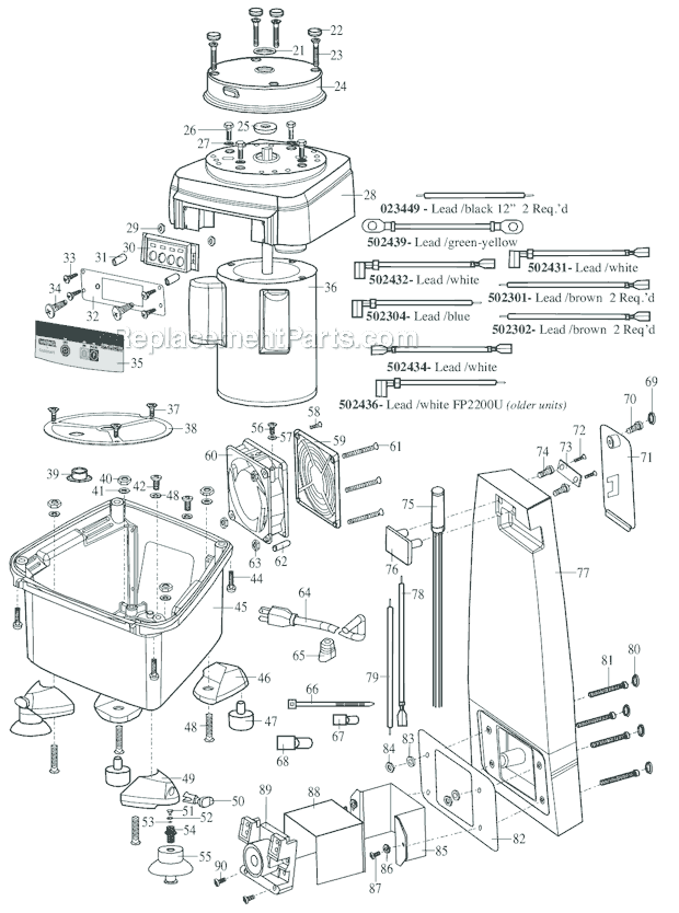 Page B Diagram and Parts List for FP2200  Waring Food Processor