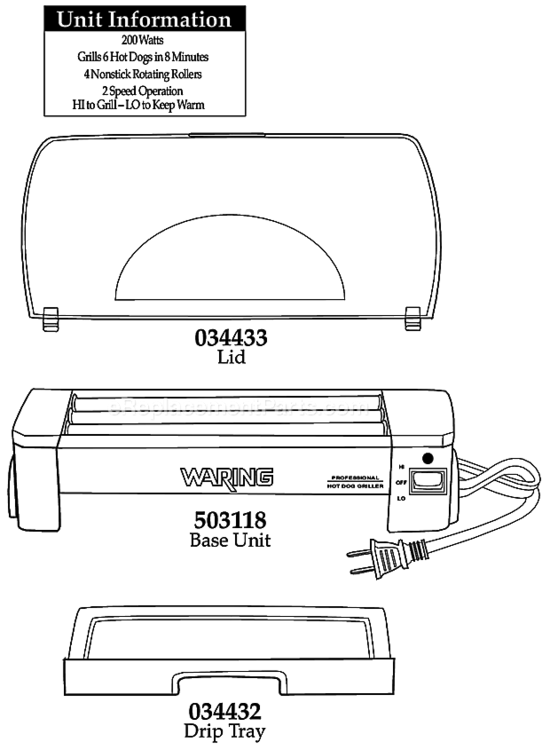 Page A Diagram and Parts List for HDG100  Waring Miscellaneous