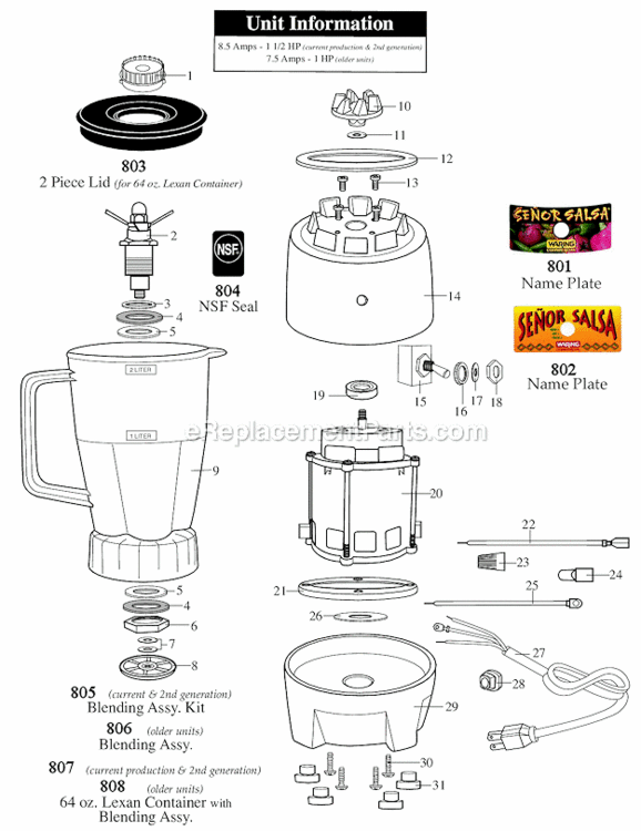 Senor_Salsa_Blender Diagram and Parts List for HGB14S  Waring Blender