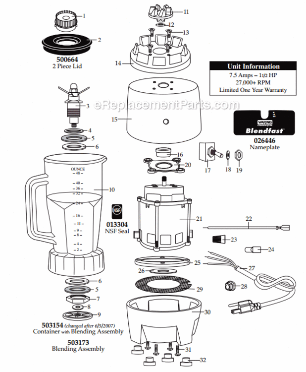 Brushed_Stainless Diagram and Parts List for HPB305  Waring Blender