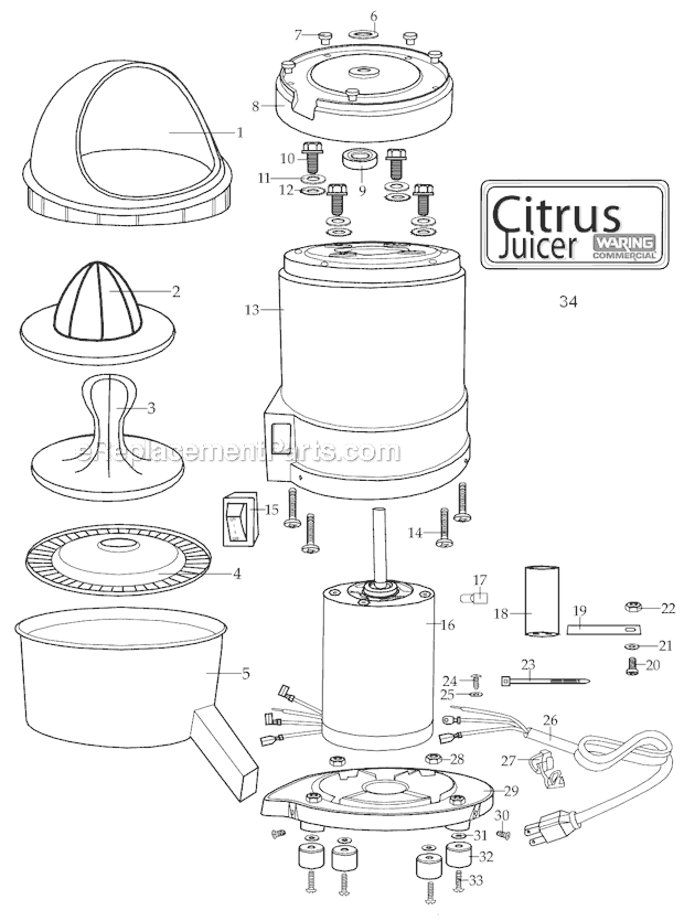 Page A Diagram and Parts List for JC3000  Waring Juicer