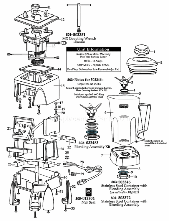 64_Oz_Stainless_Steel_Container Diagram and Parts List for MX1100XTS  Waring Blender
