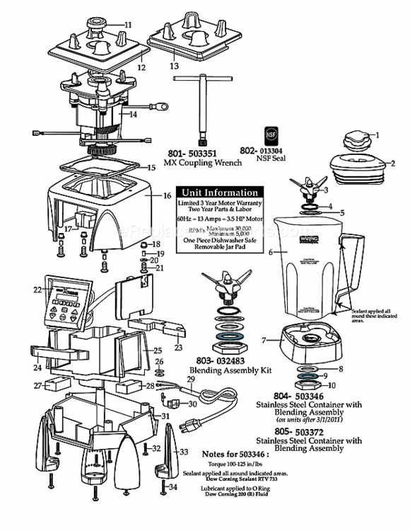 64_Oz_Stainless_Steel_Container Diagram and Parts List for MX1300XTS  Waring Blender