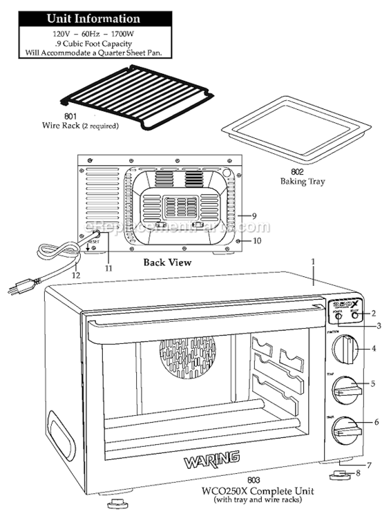 Page A Diagram and Parts List for WCO250X  Waring Miscellaneous