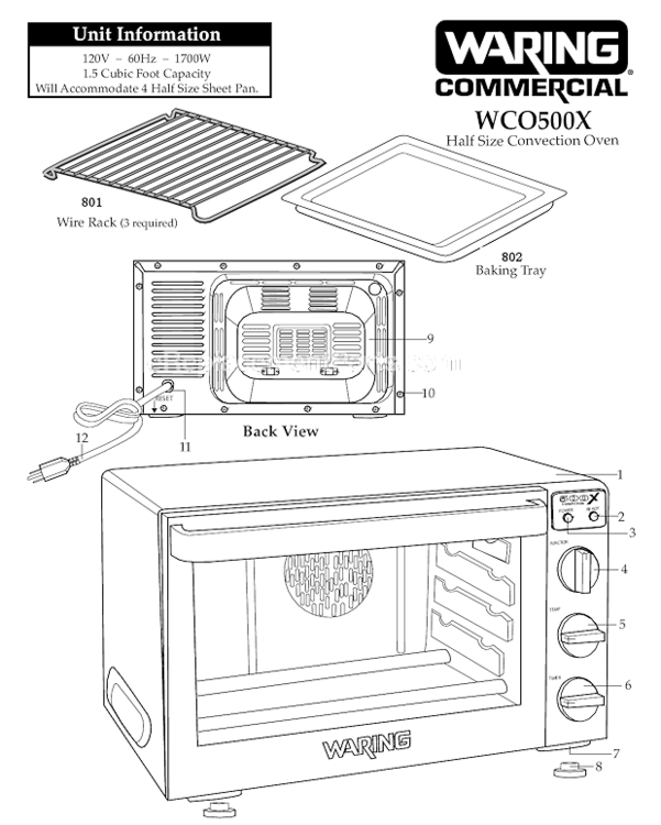 Page A Diagram and Parts List for WCO500X  Waring Miscellaneous