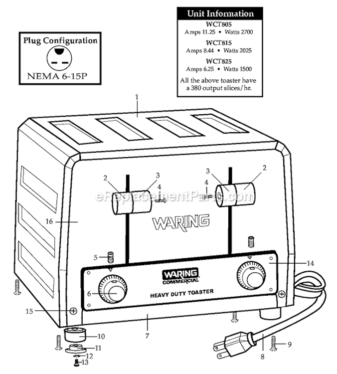 Four_1_18In_Toast_Slots Diagram and Parts List for WCT805  Waring Toaster