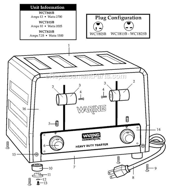 Four_1_12In_Extra_Wide_Slots Diagram and Parts List for WCT825B  Waring Toaster
