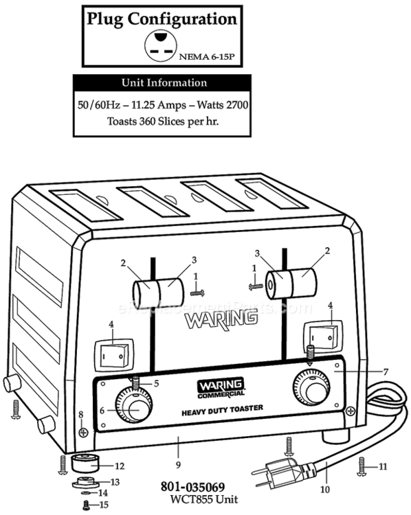 Page A Diagram and Parts List for WCT855  Waring Toaster