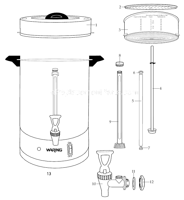 Page A Diagram and Parts List for WCU550  Waring Coffee Maker