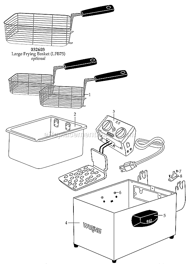 Page A Diagram and Parts List for WDF75B  Waring Deep Fryer