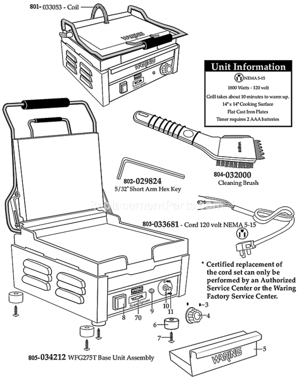 Page A Diagram and Parts List for WFG275T  Waring Miscellaneous
