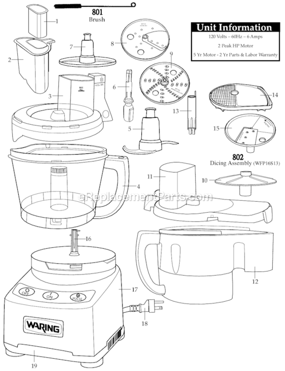 4_Qt_Sealed_Batch_BowlContinuous-Feed Diagram and Parts List for WFP16SCD  Waring Food Processor