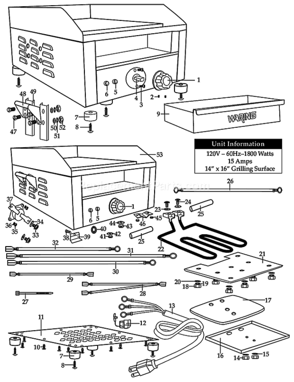 Electric_Griddle_Conada Diagram and Parts List for WGR140C  Waring Miscellaneous
