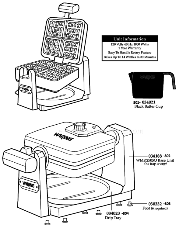 4_Slice Diagram and Parts List for WMK250SQ  Waring Waffle Maker