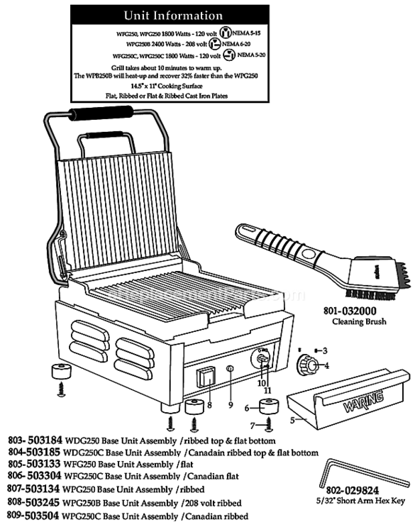 Page A Diagram and Parts List for WPG250  Waring Miscellaneous
