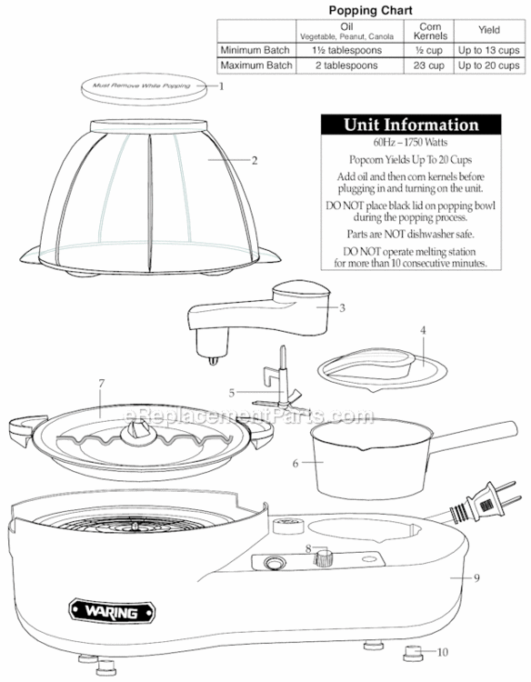 Page A Diagram and Parts List for WPM1000WS  Waring Popcorn Maker