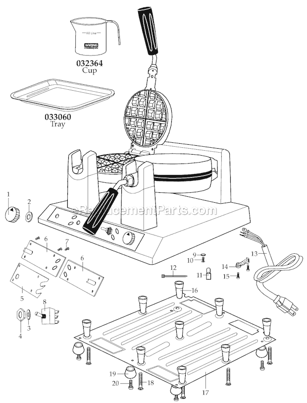 Page A Diagram and Parts List for WW250  Waring Waffle Maker