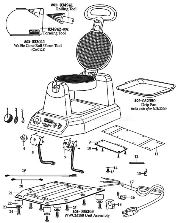 Page A Diagram and Parts List for WWCM180  Waring Waffle Maker