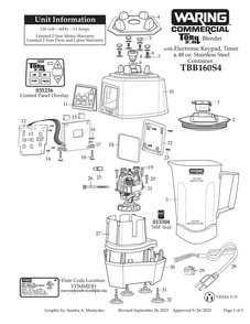 Diagram 1 Diagram and Parts List for TBB160S4  Waring Blender