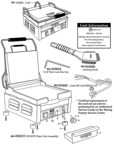 Page A Diagram and Parts List for WFG275T  Waring Miscellaneous