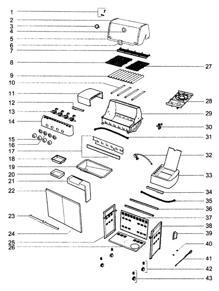 Grill Parts Diagram and Parts List for S-420 LP Weber Grill